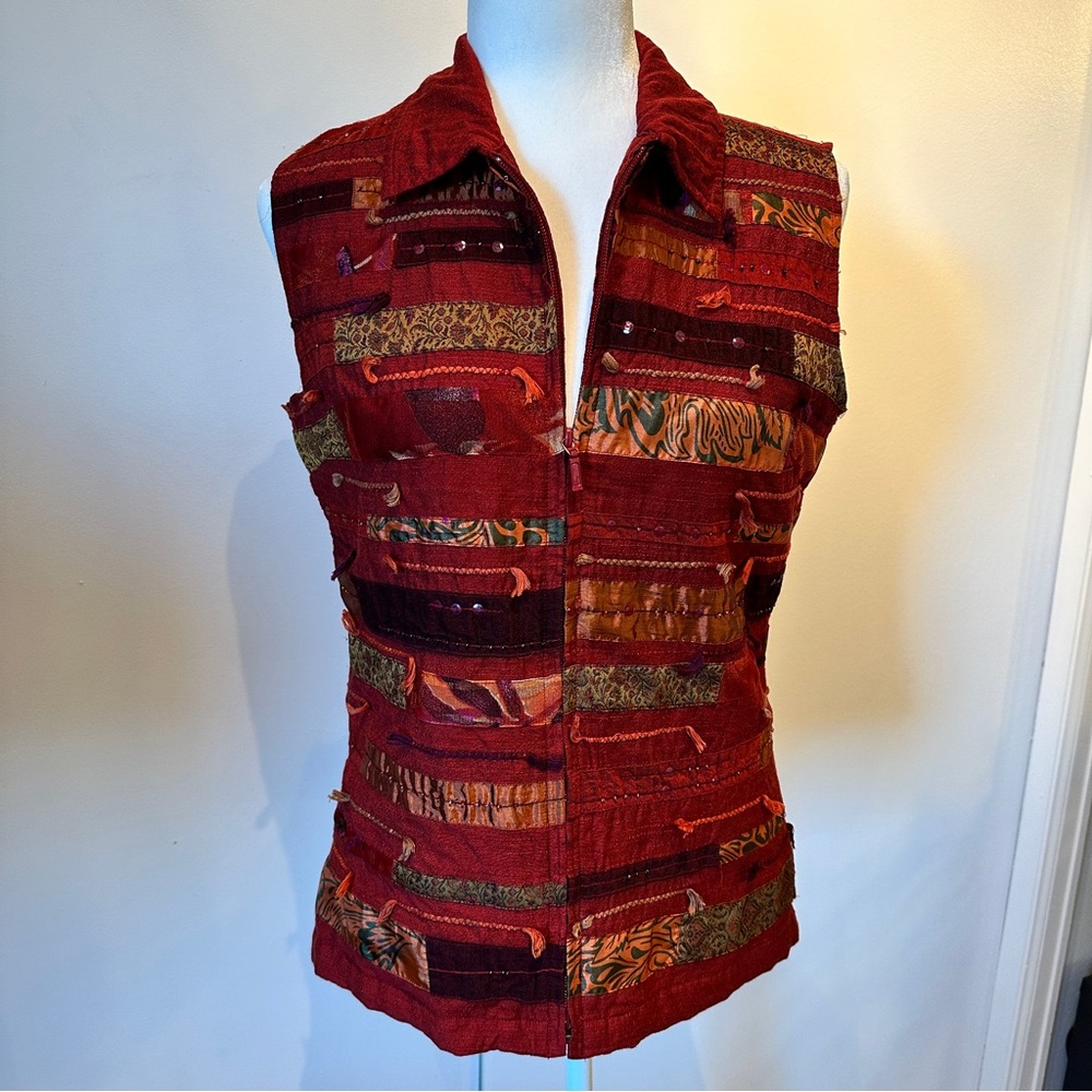 Cold Water Creek BoHo Red Patchwork Sleeveless Zip-Fron Vest Size S